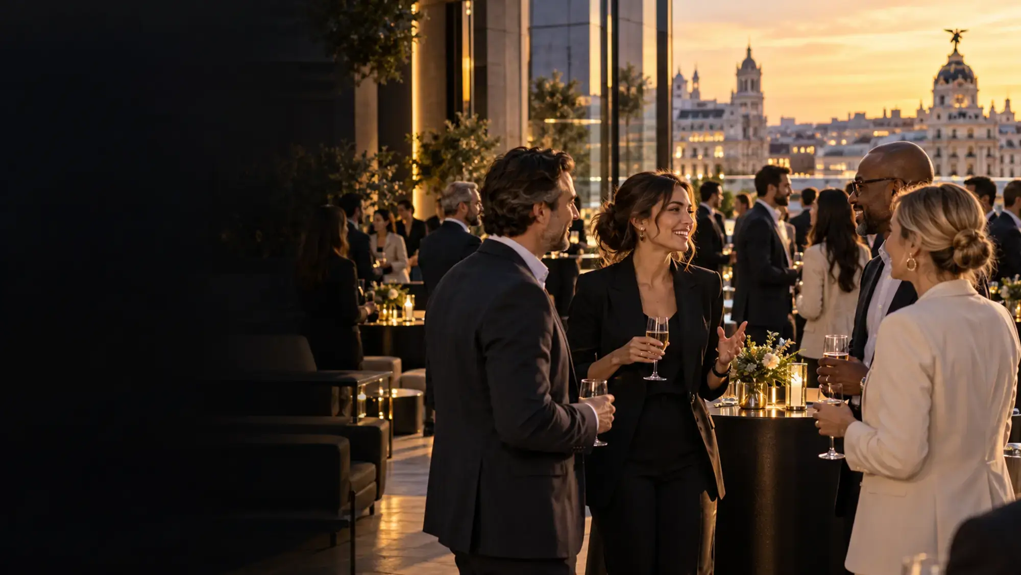 Profesionales conversando durante un evento corporativo